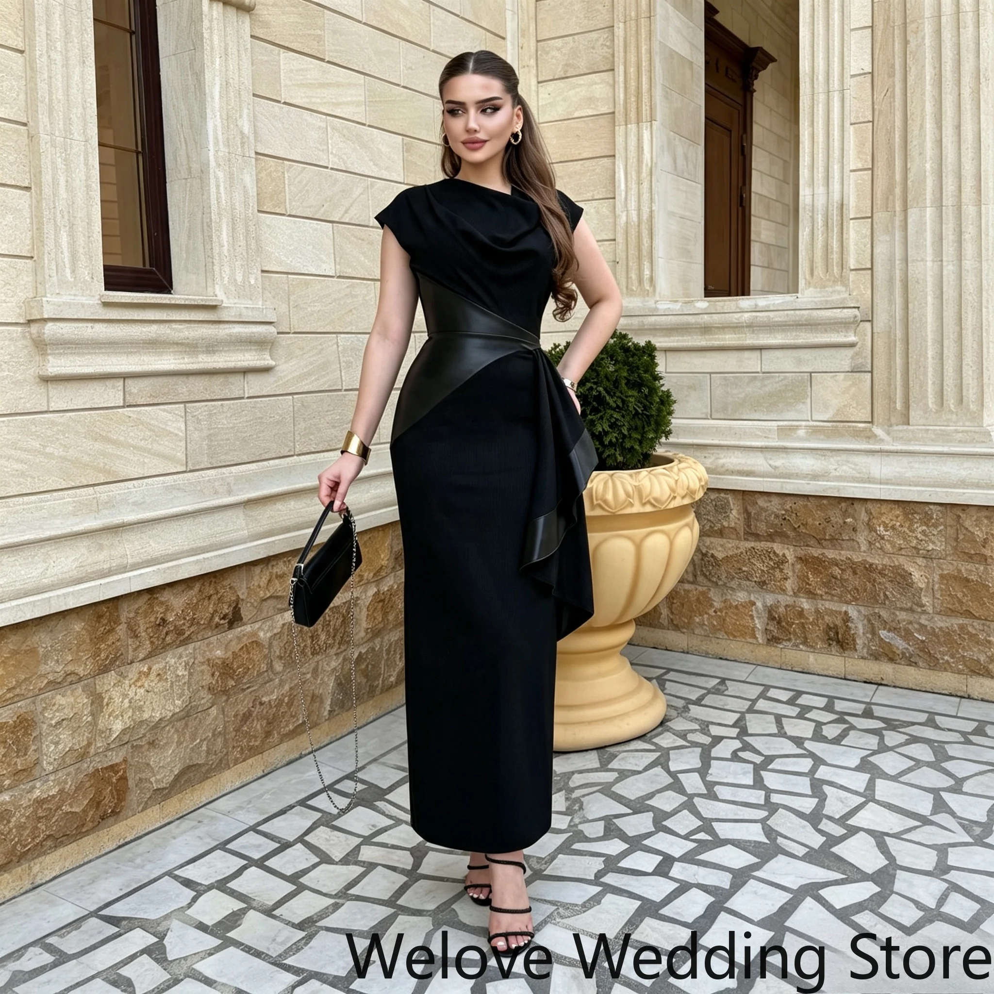 Customized Elegant Black Formal Midi Dress Cowl Neck Cap Sleeve Design Faux Leather Diagonal Patchwork Waist Side Draped