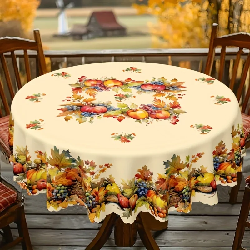 Thanksgiving-themed watercolor style tablecloth, abundant pumpkins, grapes and applesxzj