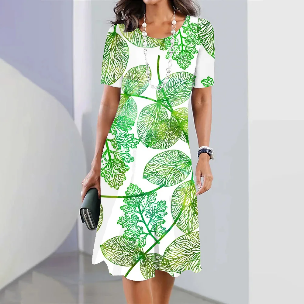 

Elegant 3d Green Leaves Print Short Sleeves Swing Skirts Summer Spring Women's Streetwear One-piece Dress Beach Party Plus Size