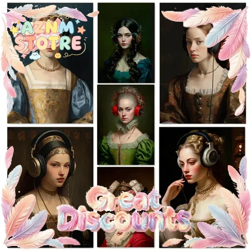 Renaissance Woman Wearing Headphones Figure Poster Print Vintage Altered Art Canvas Painting Baroque Bedroom Wall Decor Pictu