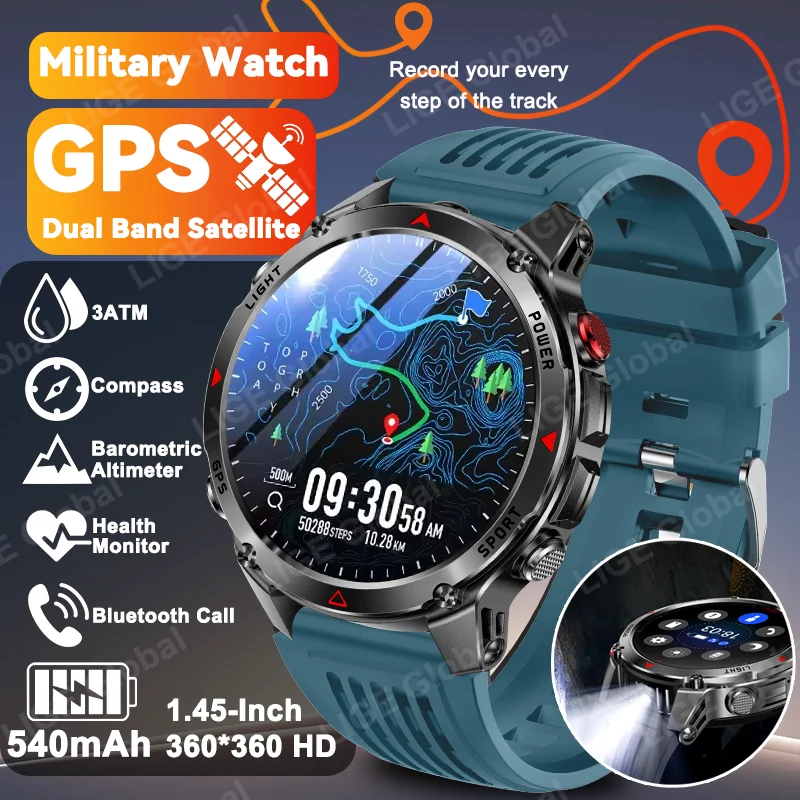 LIGE Military Outdoor GPS Sports Smart Watch Men 3ATM Waterproof 540mAh AI Assistant Compass BT Call Smartwatch For Android iOS