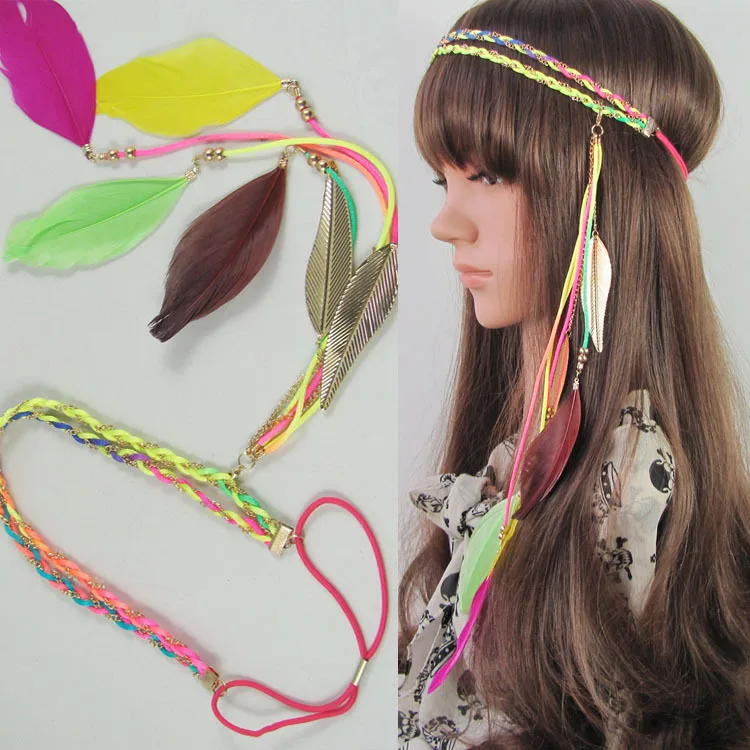 New Fashion Women Colorful Feather Headband Double Layer Spandex Velvet Striped Ribbon Bohemian Indian  Leaf Hair Band A5005