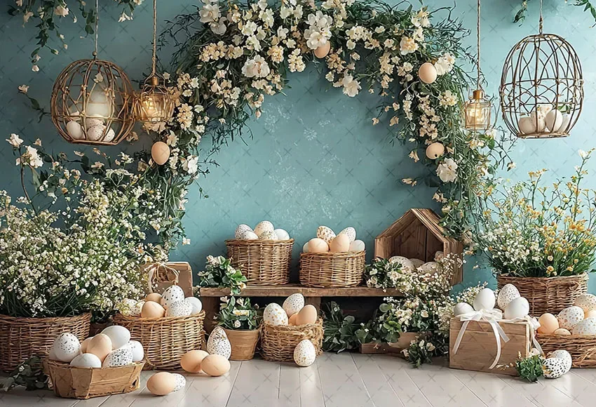 Mehofond التصوير خلفية الربيع عيد الفصح الأزرق جدار قوس الأزهار البيض طفل حفلة عيد ميلاد صورة ديكور خلفية استوديو الصور