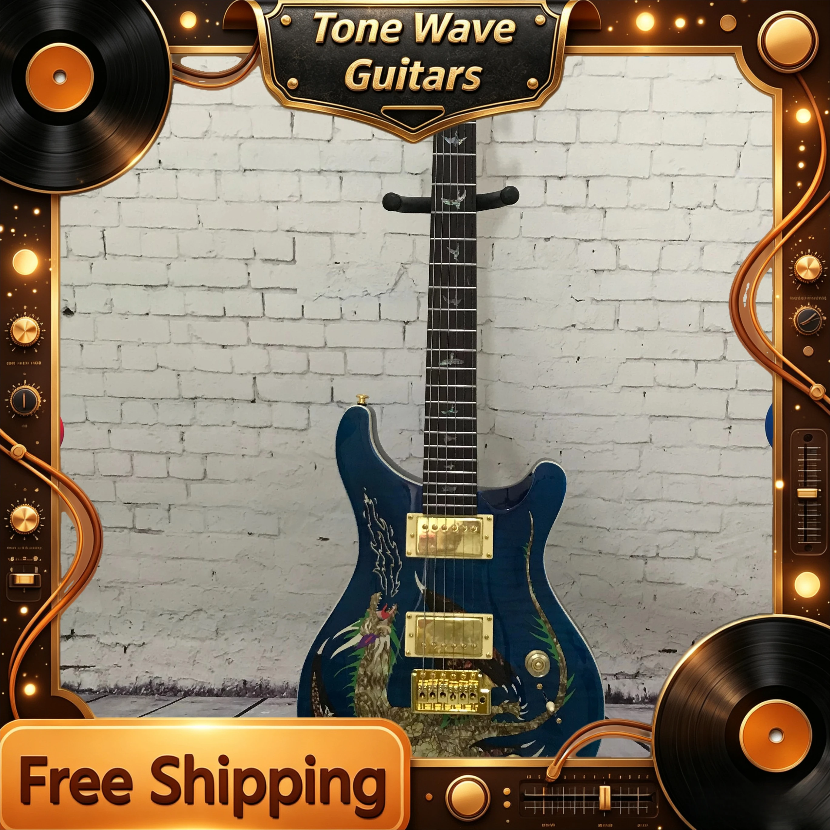 Hit Product Deep Sea Blue Tiger Pattern Colorful Shell Divine Dragon Inlaid PRS Electric Guitar Solid Wood Free Shipping