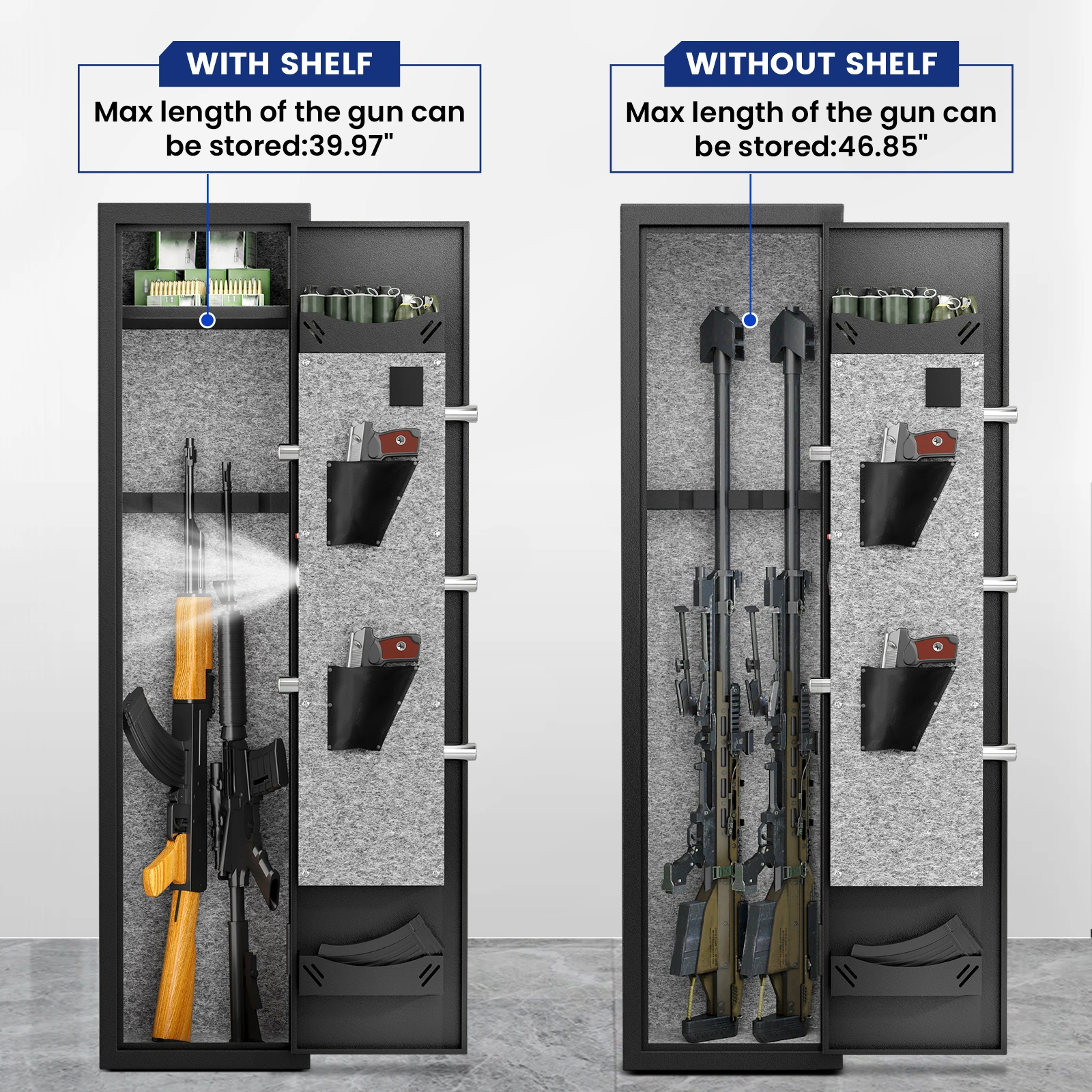 Kavey 1-2 Cofre para armas digitais de acesso rápido, seguro para rifle com suporte ajustável para armas, prateleira removível, alarme duplo e modo mudo