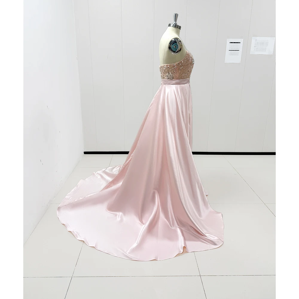 Robe de soirée rose sans bretelles pour femme, train chapelle, appliques en fibre de satin, robe élégante pour événement spécial, robe de soirée de luxe, 2024