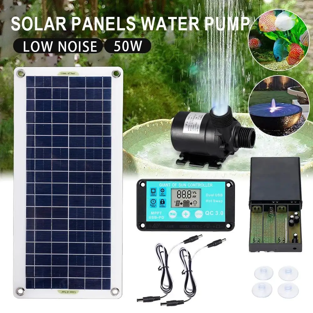 50W 800L/H Brushless Solar Power Water Pump Set Ultra-quiet Submersible Water Pump Motor Fish Pond Garden Fountain Decoration