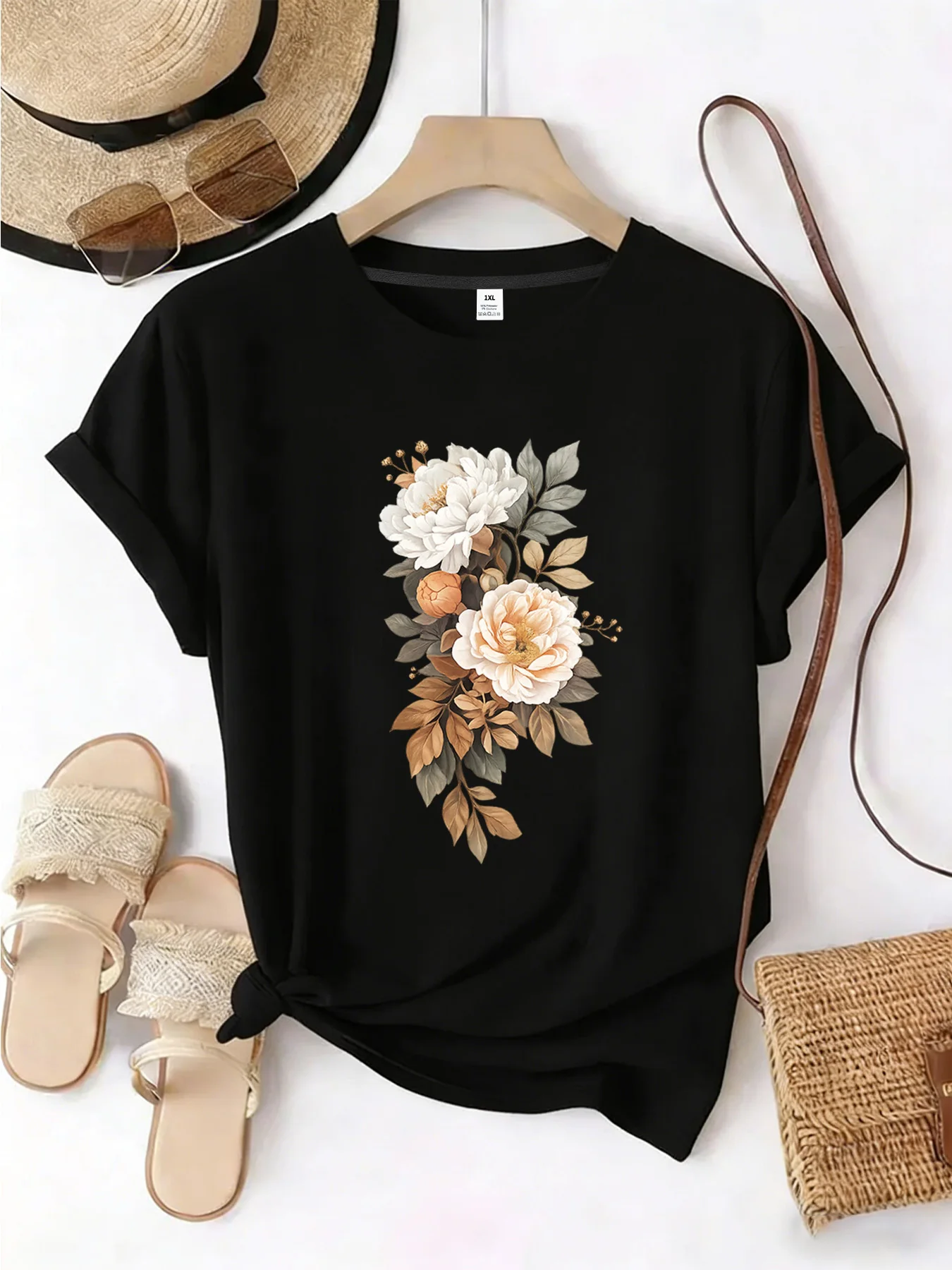 

【YJ00041】Женская футболка больших размеров с круглым вырезом, короткими рукавами, эластичными рукавами-полурукавами и модными принтами.