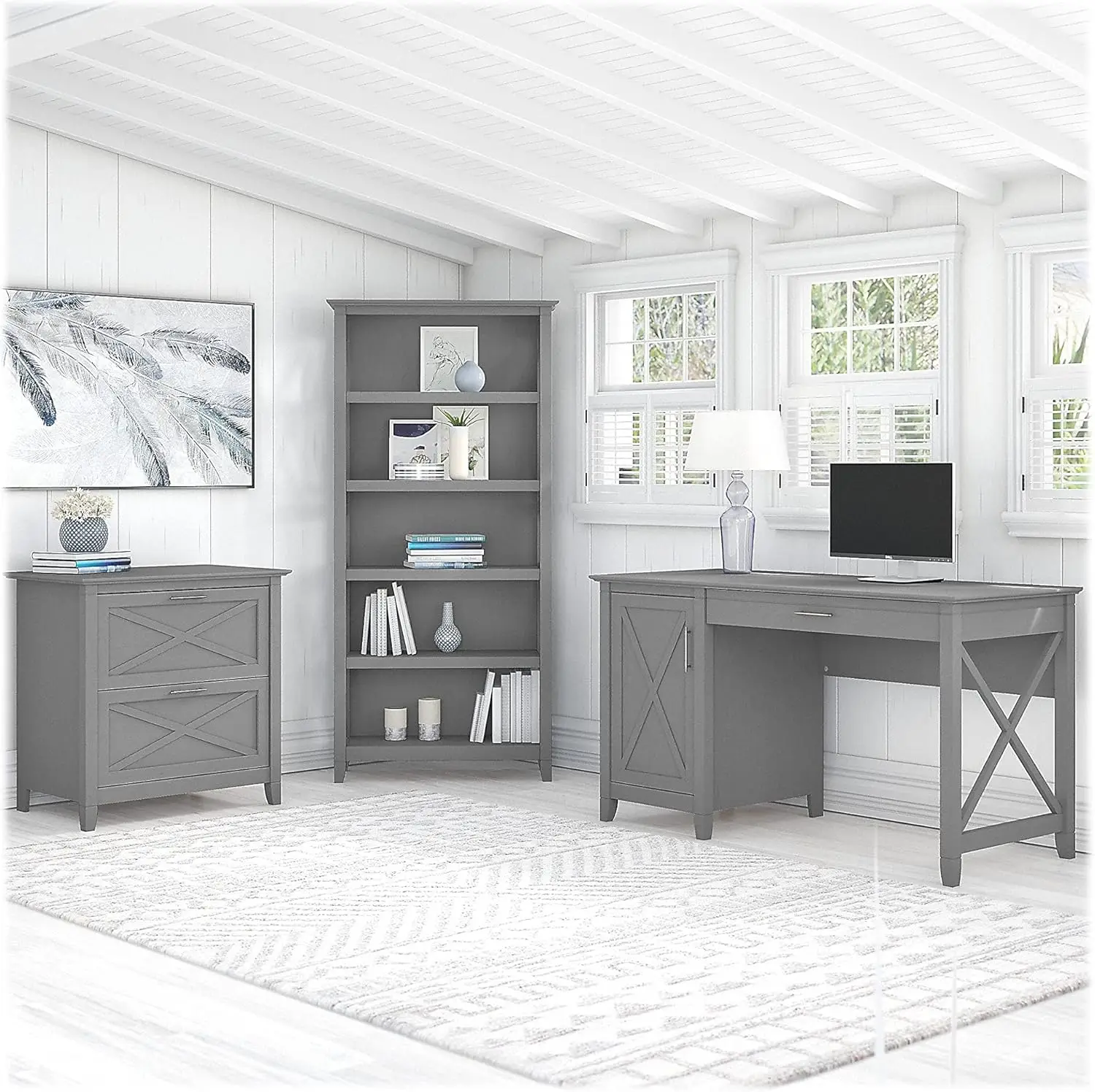 Key West 54W Computer Desk with 2 Drawer Lateral File Cabinet and 5 Shelf Bookcase in Cape Cod Gray