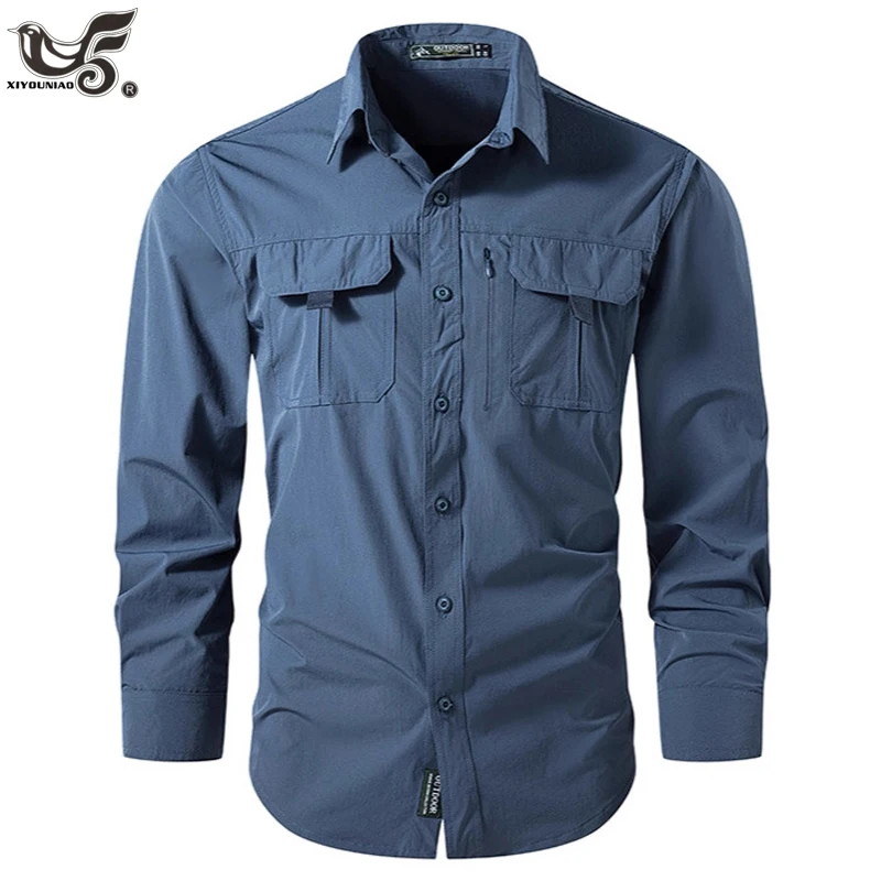 

Men's Safari Shirt Long Sleeve Spring Summer Sun Protection Quick Dry Fishing Hiking Shirts Outdoor multi-pocket Cargo Shirts