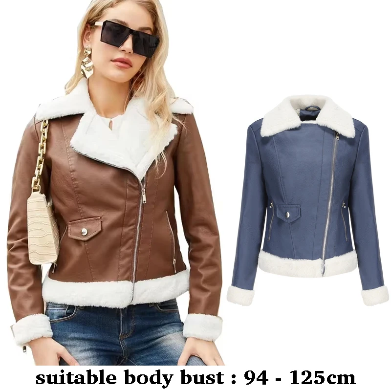 

high quality short leather jacket coat for women fur lining big size slim motorcycle jacket new 2025 winter clothing black brown