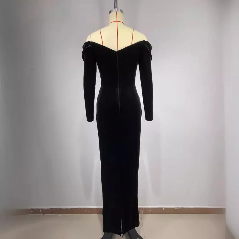 2025 nouveauté robe femme automne luxe strass Sexy pure épaules dénudées robe noire à la mode élégante robe de soirée