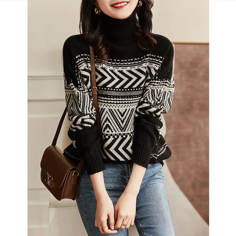 Red Vintage Jacquard Bottom Knitted Shirt Female Autumn and Winter New Fashion High Neck Pullover Loose Long Sleeve Sweater