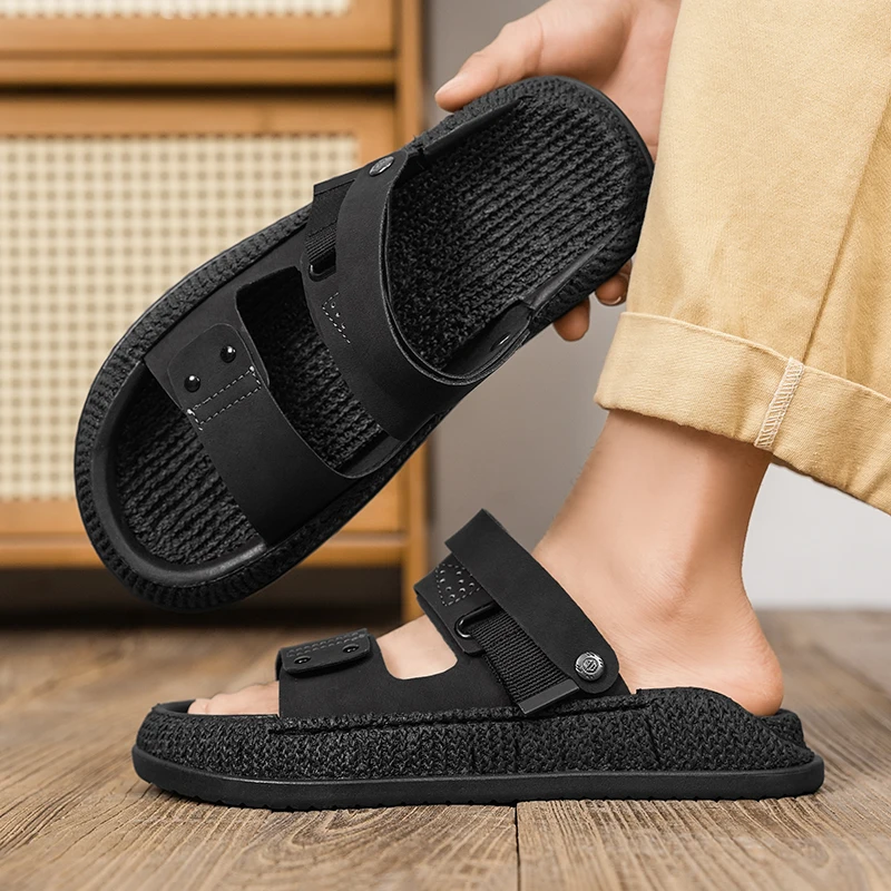 Men's Adjustable Strap Platform Slide Sandals – Breathable Linen-Like Non-Slip Casual Slippers, Big Size Summer Beach Shoes