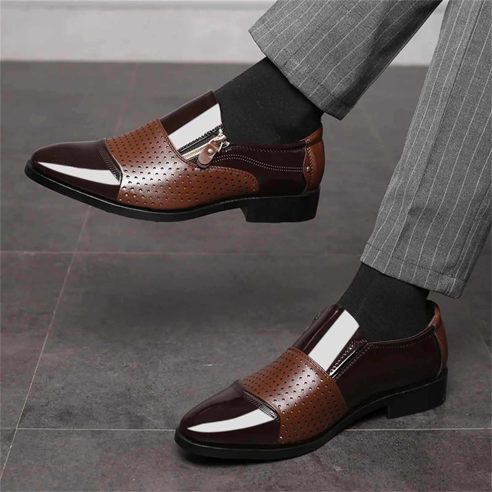Zapatos de vestir de cuero con punta estrecha para hombre, zapatos atléticos de tacón bajo con cremallera, moda de verano y otoño
