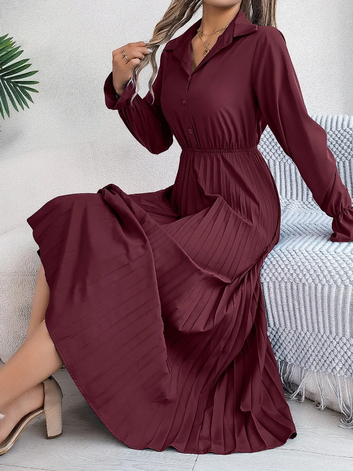 Women's Urban Dress 2025 Autumn Winter Latest Street Trendy Casual Lapel Button Up Long Sleeved Waist Cinched Pleated Long Skirt