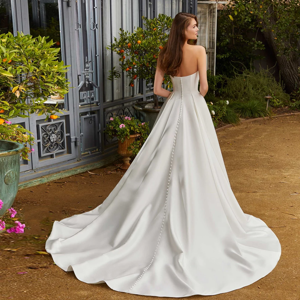 Simple Satin A-Line Weeding Dresses With Bow Bodice Strapless Sweep Bridal Growns Pearl Sleeveless Vestidos De Novia 2024