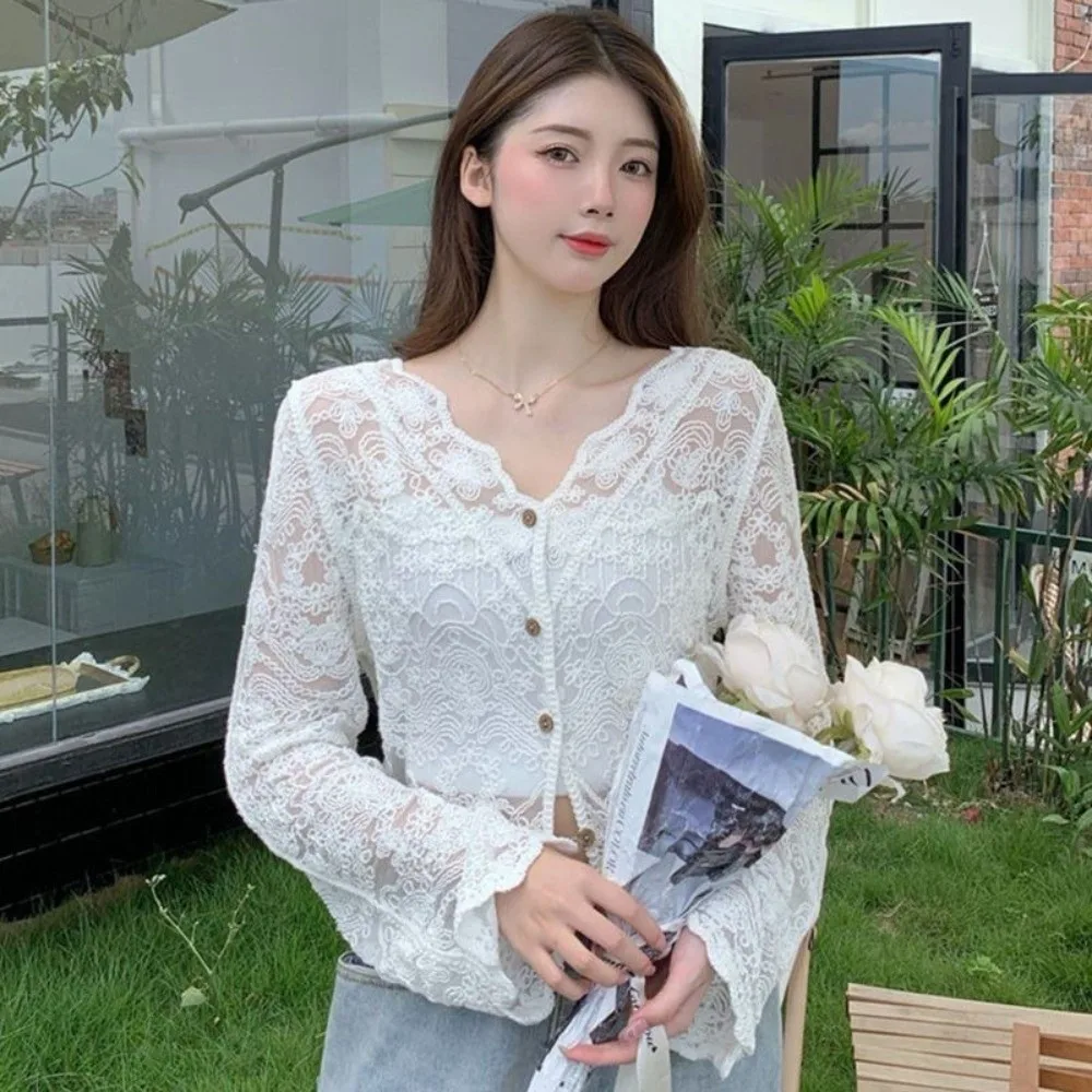 

V-Neck Crochet Top Long Sleeve Floral Pattern Flare Blouse See Through Button Down Sheer Blouse for Spring Summer Autumn