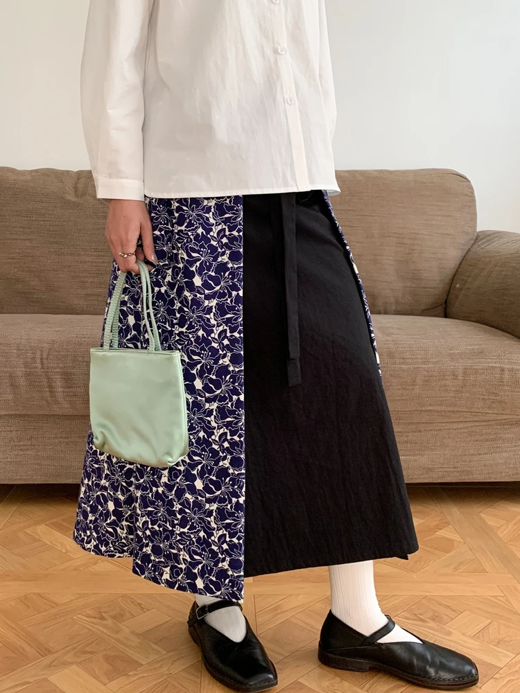 

Юбка Redmirror Long Printed Apron Sle f Skirt из хлопка, повседневная, прямого кроя, со средней талией, двусторонняя, женская
