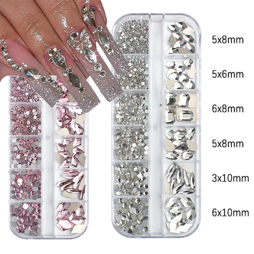 

12 Grids White Glass Nail Art Rhinestones Heart,Rhombus,Rectangle,Water Drop Shaped FlatBack Crystal Nail Gemstones DIY Manicure