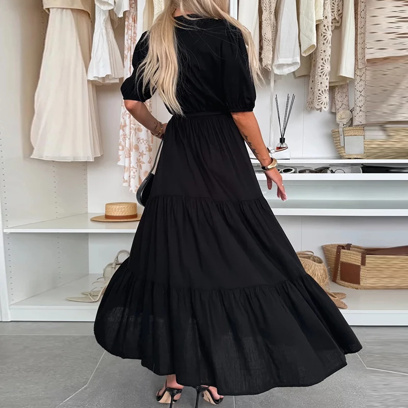 Robe d'été à manches lanternes, couleur unie, Patchwork, Maxi, vêtements Boho Chic pour femmes, col en v, demi-manches, cordon de serrage