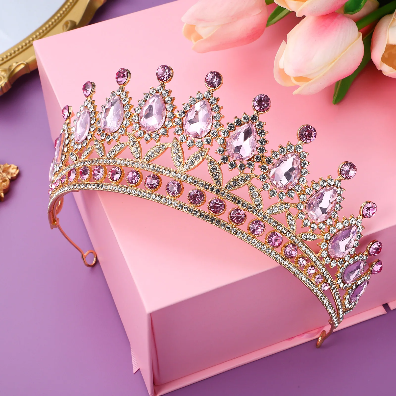 

Rhinestone Crown Hairband Golden Pink Bridal Tiara Wedding Party Accessories Lightweight Durable Charm Decor Hair Tools