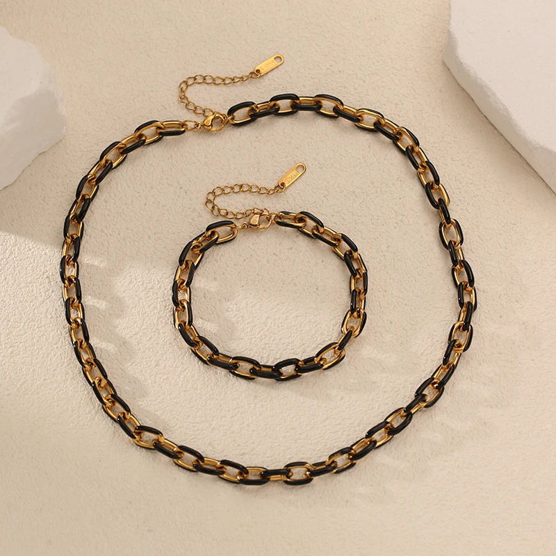 EILIECK 316L Edelstahl Schwarze Öltropfen-Ketten-Halskette Armband-Set für Damen Neues Trendiges Wasserdichtes Schmuckset Damengeschenk – Detail 10