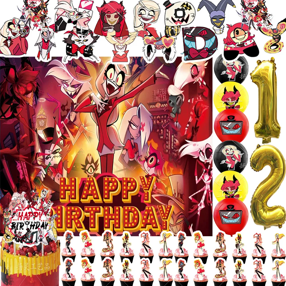 Hazbin Hotel Thema Geburtstag Party Supplies Film Hazbin Hotel Ballon Cupcake Topper Banner Hintergrund Baby Shower Geschenk Requisiten – Detail 3