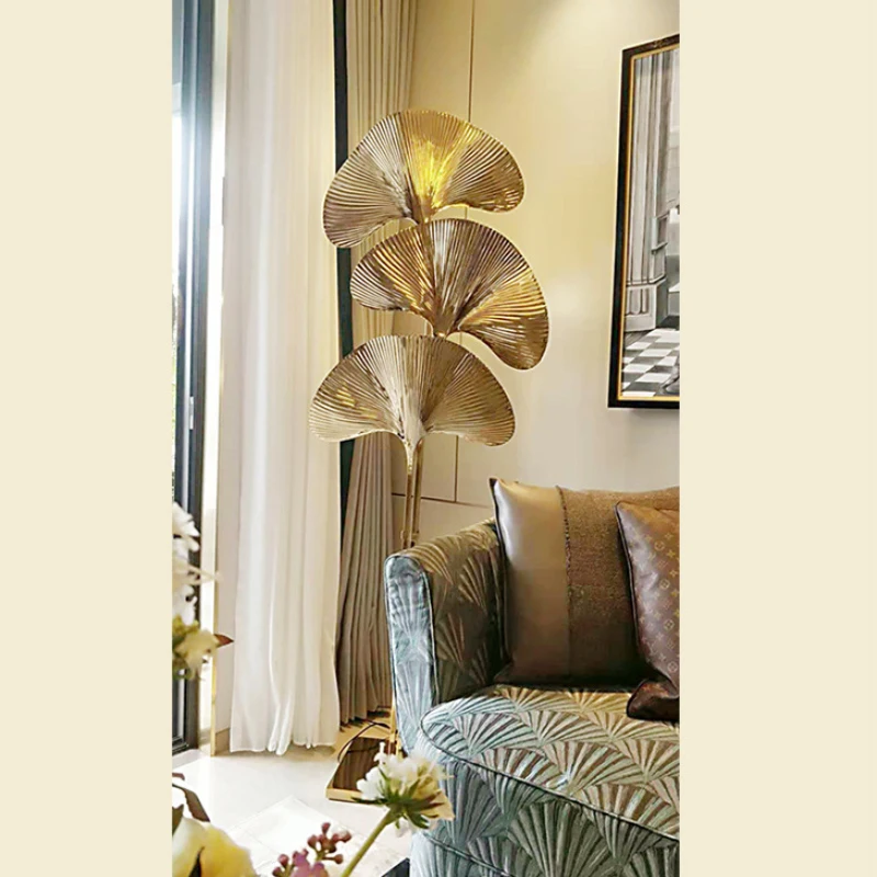Lampadaire postmoderne en cuivre, motif de feuilles de ginkgo, décoration de salon, hôtel, villa, chambre à coucher
