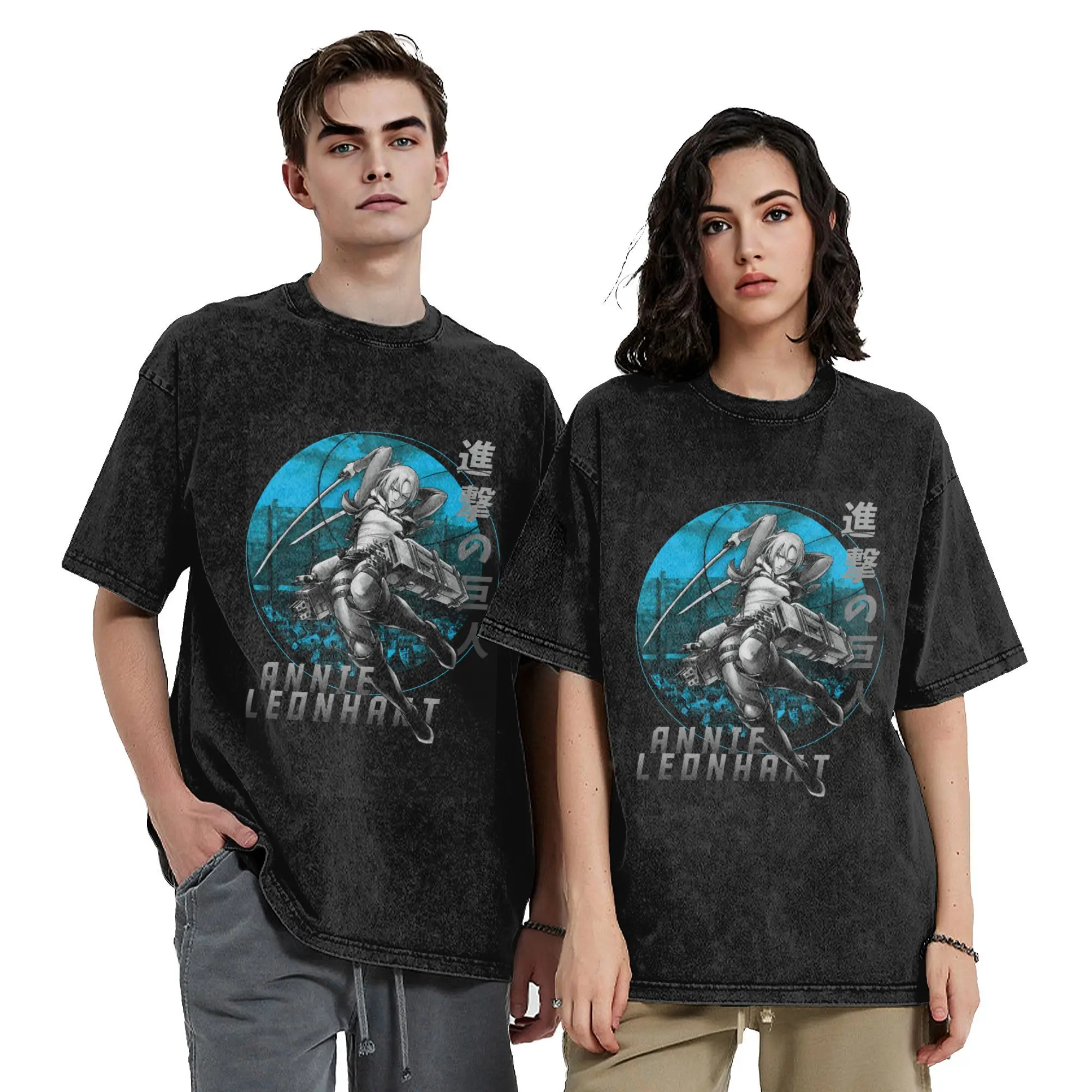 Retro Annie Leonhart Attack on Titan Vintage Washed T-Shirt Men Cotton Short Sleeve  Round Neck Summer TopsTops