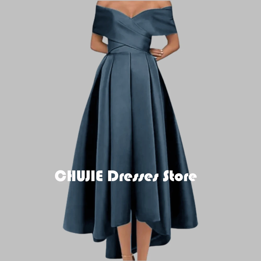 

Off Shoulder HIg Low Satin Mother of The Bride Dresses For Woman A Line Pleated Wedding Party Evening Dress Ball Gowns Custom
