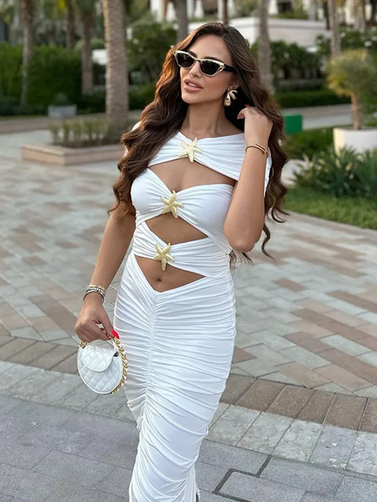 Abiti da donna sexy aderenti con taglio aderente Abito a maniche corte con scollo tondo pieghettato alla moda Abiti lunghi da festa eleganti in tinta unita da donna