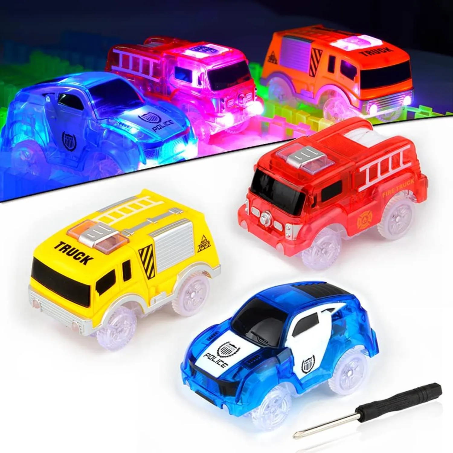 Tracce solo auto di ricambio Flex Track Race Cars for Magic Tracks Glow in the Dark LED si illumina per la maggior parte delle piste per auto per