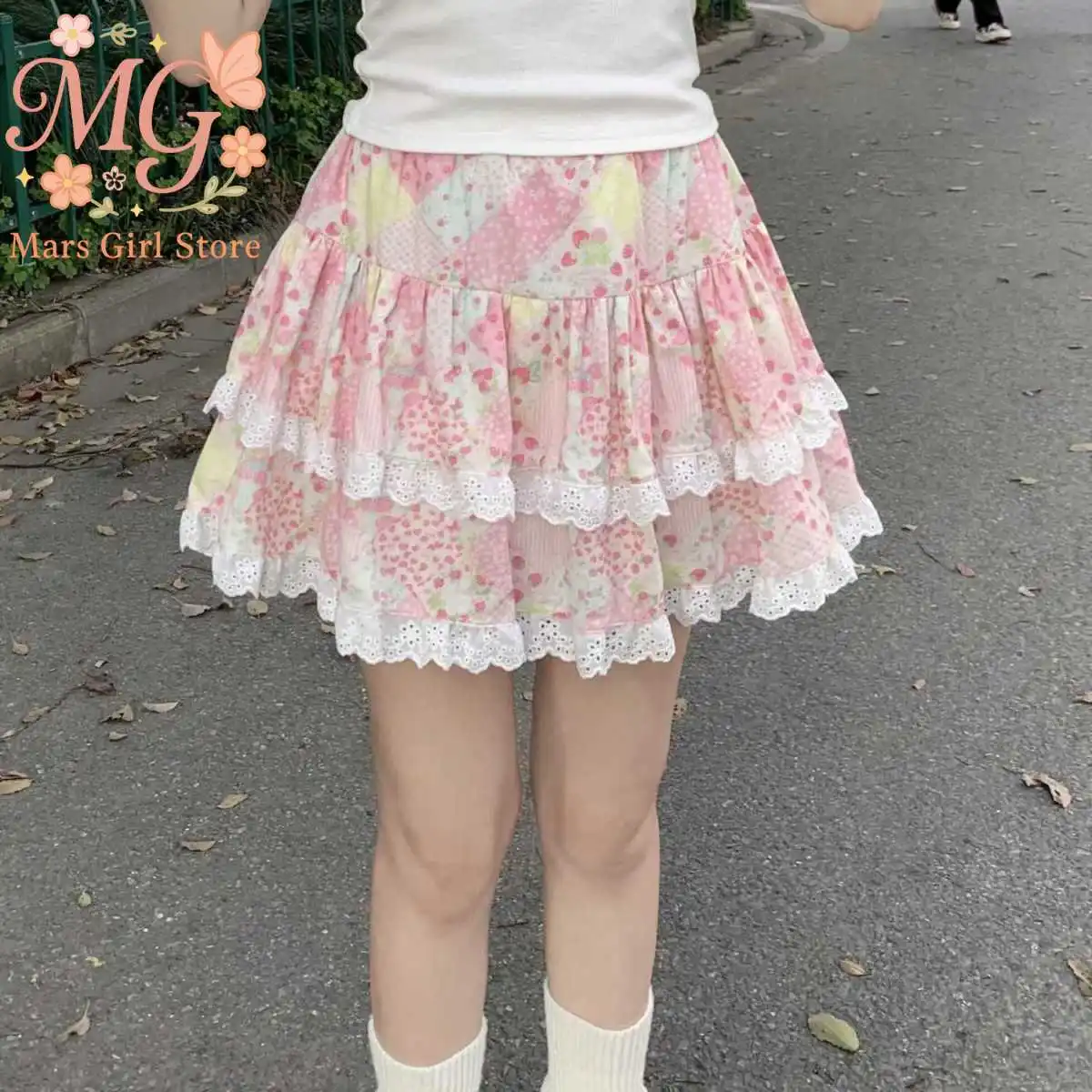 

Sweet Cute Girl Lace Cake Skirt Japanese Kawaii Mini Layered Ruffles Skirts Y2k Harajuku Casual Women Summer Lolita Short Skirts