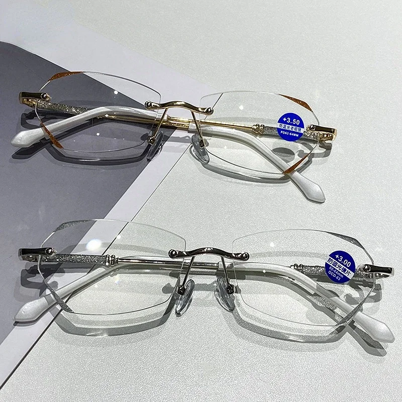 

Women Reading Glasses Elegant Rimless Diamond Cutting Frame Anti Blue Light Eyeglasses Prescription Eyewear Diopter 0 To +4.0