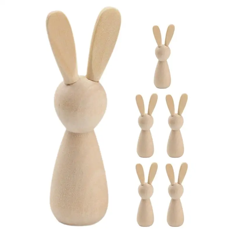 6Pcs Easter Bunny Ornaments DIY Wooden Bunny Dolls Unpainted Natural Wooden Small Crafting Crafts Unfinished Wood Dolls