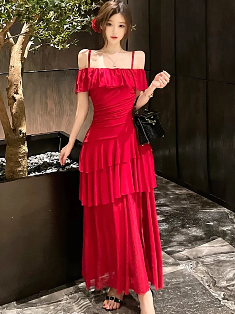 Frauen Rot Elegante Rüschen Sexy Sling Langes Kleid Sommer Mode Luxus Gala Kleid 2025, Koreanische Vintage Bodycon Festival Prom Kleid