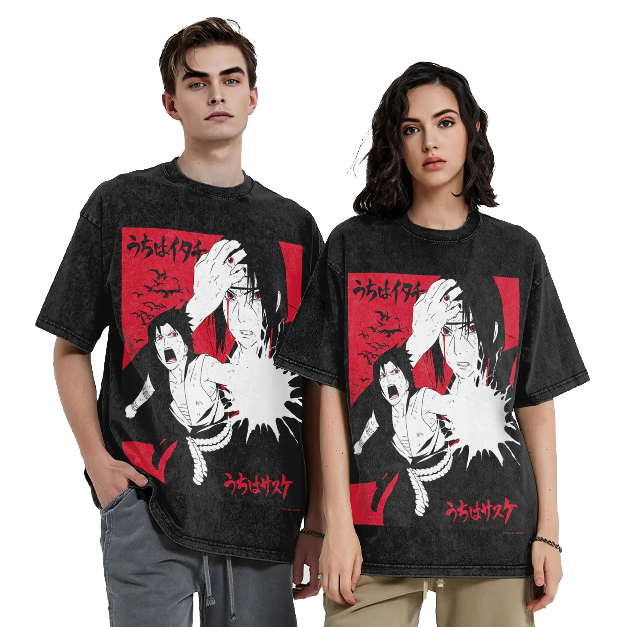 Shippuden Itachi & Sasuke with Kanji Animed Narutoes T Shirts  Washed Oversize T-Shirts Men Women Tops Streetwear Printed Tees