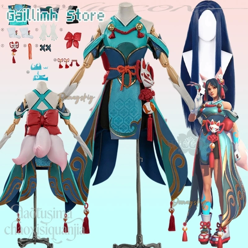 Kiriko Kamori Cosplay Anime juego Oww Inari Fox japonés Retro Mi Ko uniforme vestido peludo zorro Earwear cola Halloween Cos