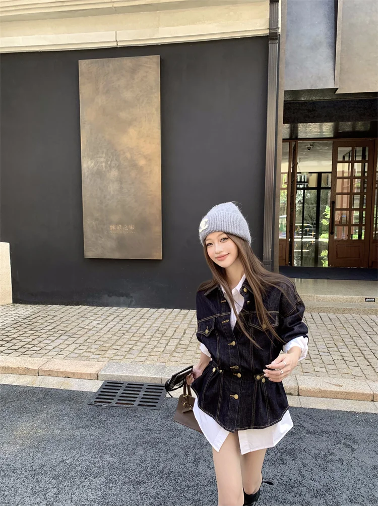 

Denim Coats Jacket For Women Womens Autumn Fleece Bomber Baggy Blended Cycling British Style Hipster Subcultural Mid-Length Chic