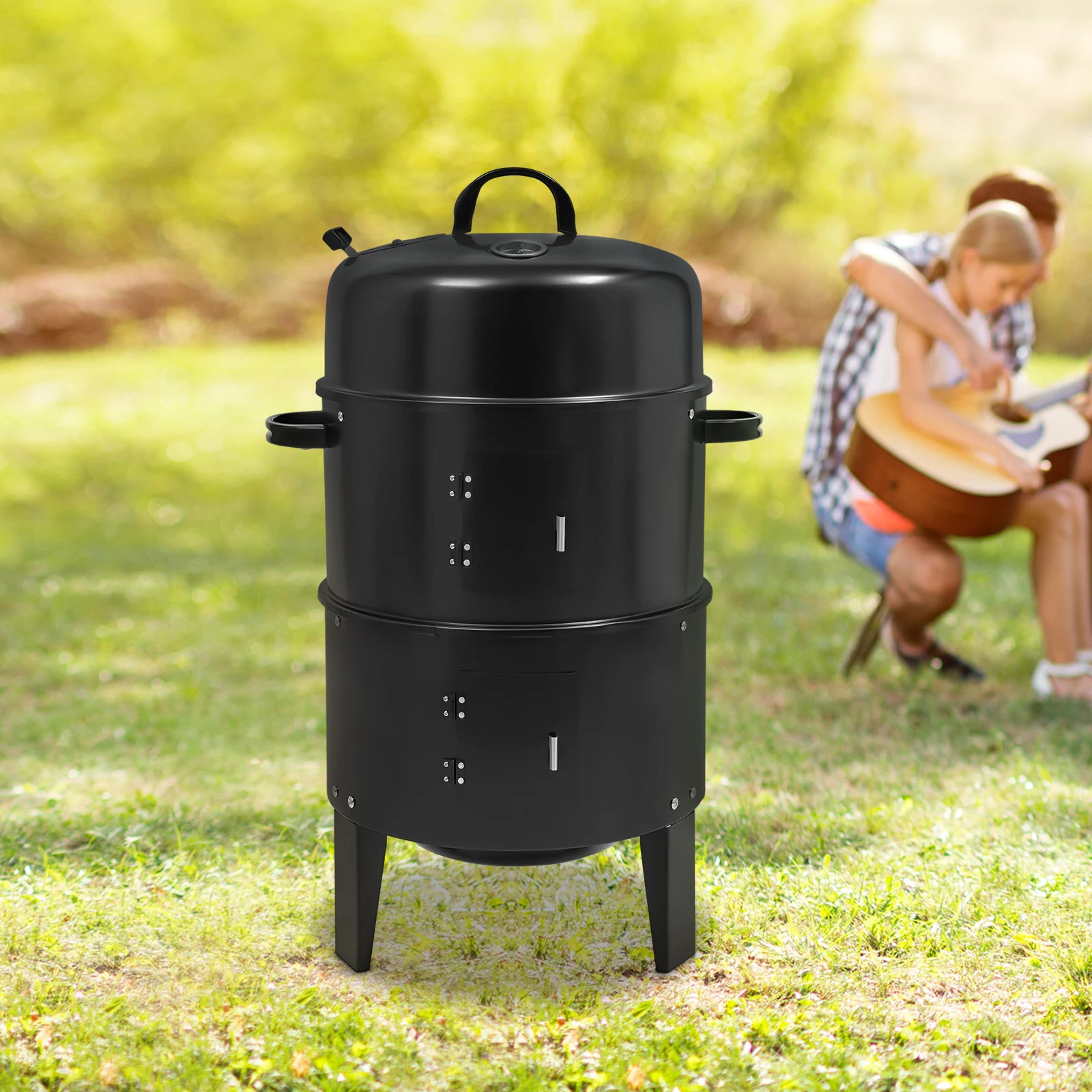 2-Schichtiger Multifunktionaler Räuchergrill 3-in-1 Outdoor BBQ Smoker Leicht zu Transportieren Verchromter Grill für Familienfeiern – Detail 1