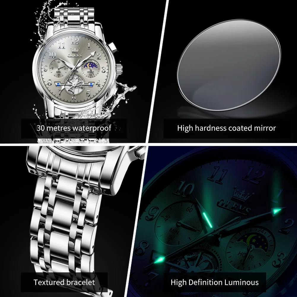 OLEVS 2900 Luxury Men\'s Watch Multi functional Waterproof Luminous Moon Phase Timing Code Watch Original Sport Men Quartz Watch