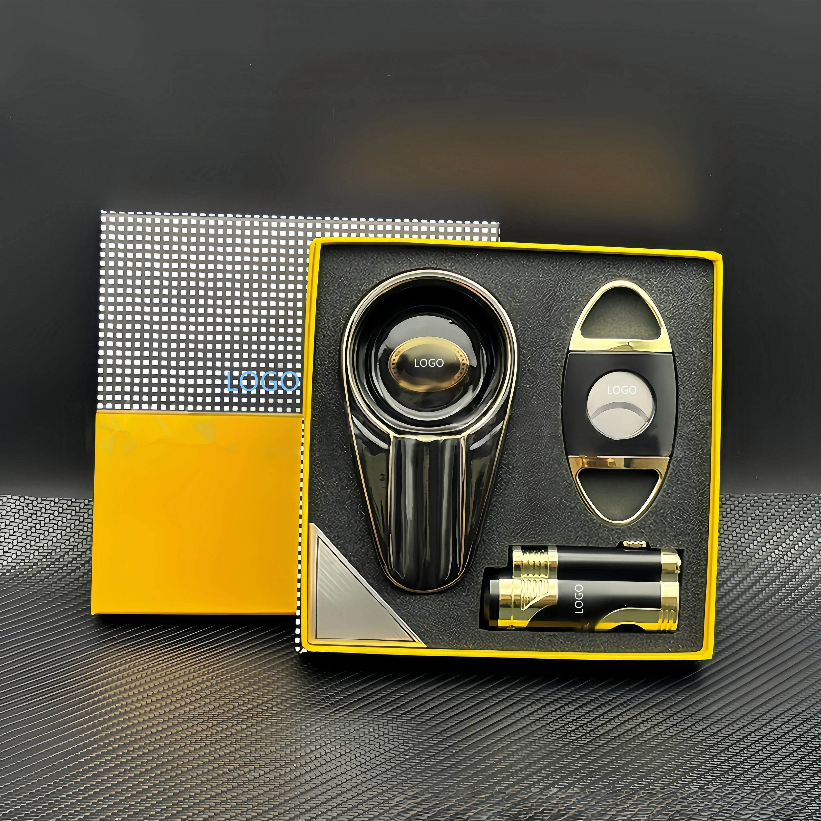 

Windproof Cigar Lighter, Sharp Scissors, Ashtray - 3-Piece Premium Smoking Gift Set for Men, Perfect Cigar Accessories Kit
