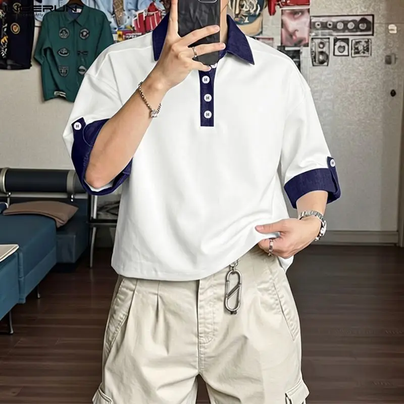 INCERUN Herrenhemd Patchwork Revers Halbarm Lässige Herrenkleidung Sommer Streetwear Koreanischer Stil 2026 Modische Oberteile Hemden für Männer