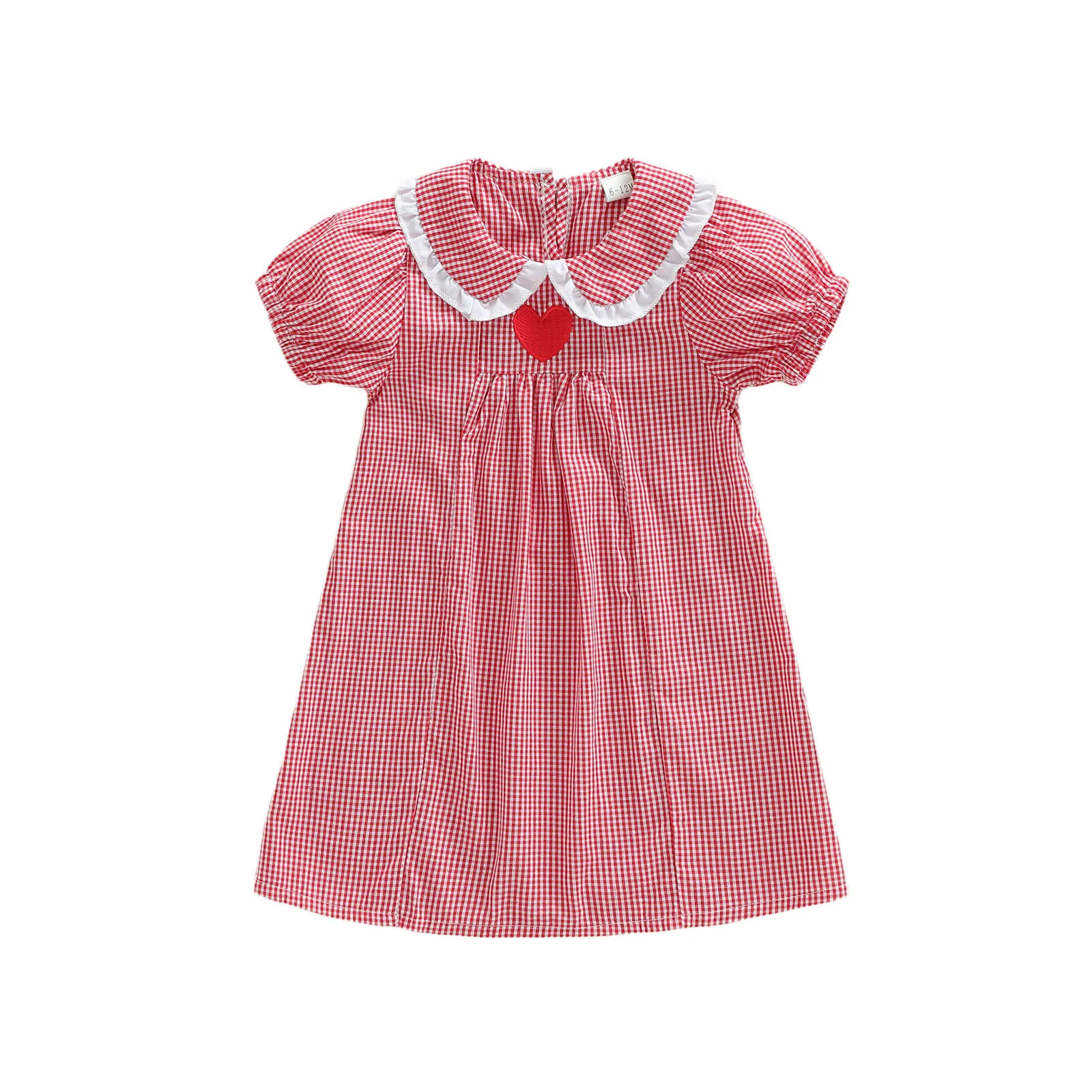 Toddler Baby Girls Valentines Dress Loose Fit A Line Love Heart Embroidery Plaid Doll Collar Short Sleeve Dress