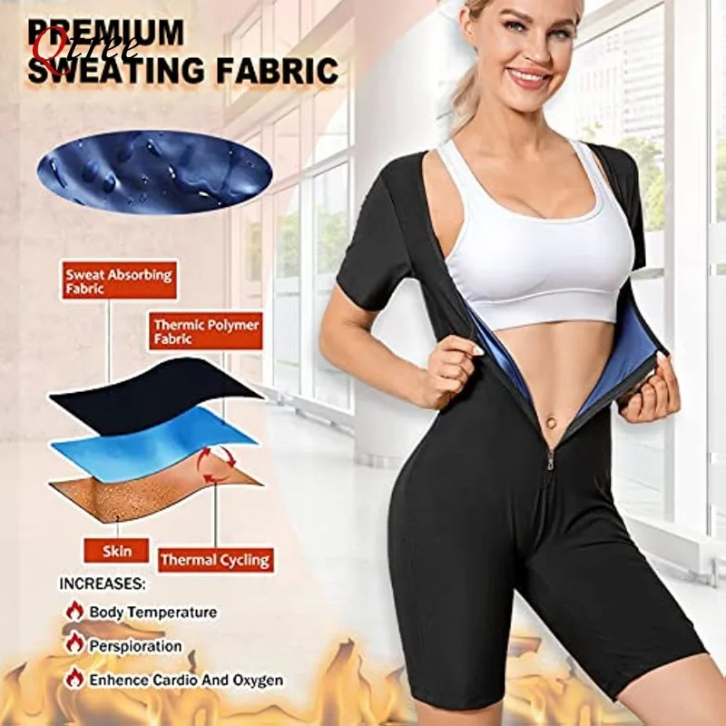 Qtree Womens Sauna Suit for Weight Loss Full Body Shaper Shapewear Bodysuit Sweat Slimming Workout Waist Trainer with Sleeves