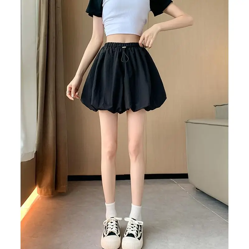 Thin Style Summer Women New Flower Bud Lantern Pants High Waisted Solid Color Elastic Waist Drawstring Loose Wide Legs Shorts