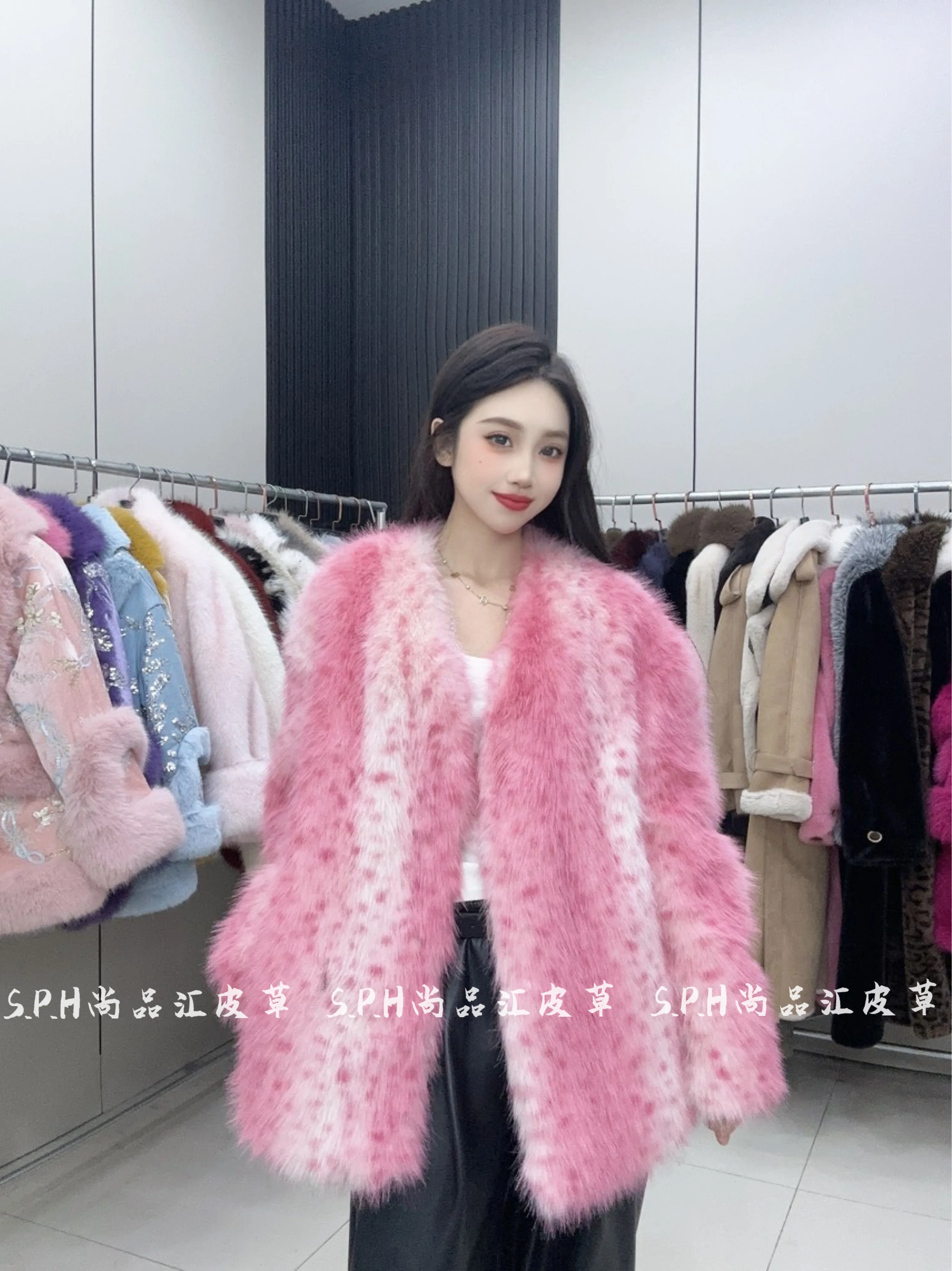 Pink Fog Bobcat Pattern V-neck Jacket Korean Version Thickened Cotton Winter Faux Fur Jacket Women Elegant and Noble Coat