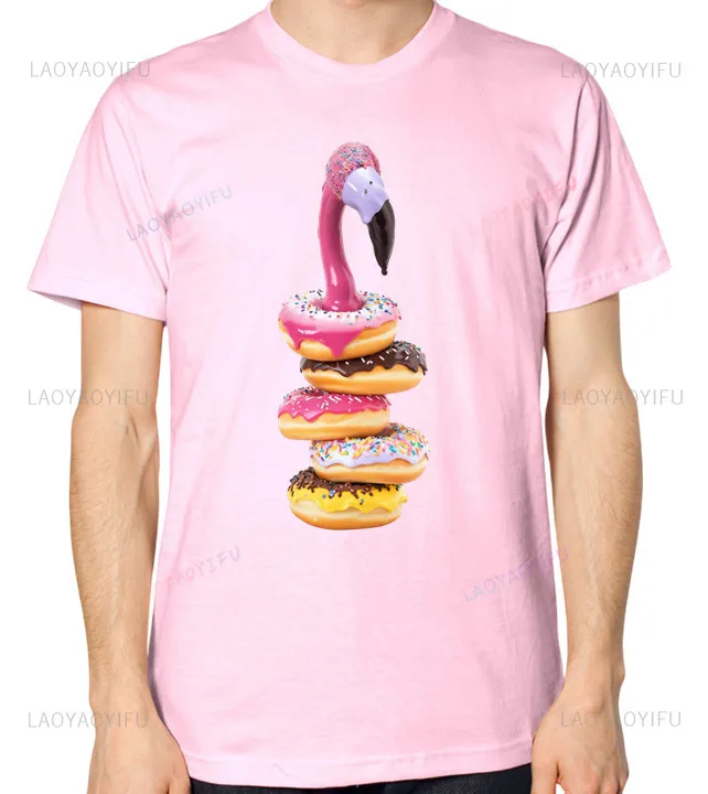 Camiseta de Donuts de flamenco para mujer y hombre, camisetas gráficas divertidas de algodón, ropa de calle de moda, camisetas transpirables con cuello redondo para exteriores