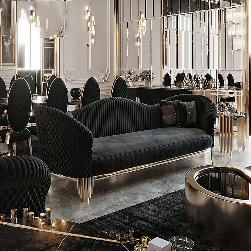 

High End Sofa Furniture Set Italian Light Luxury Black Gold Modern Couch Living Room Velvet Sofa